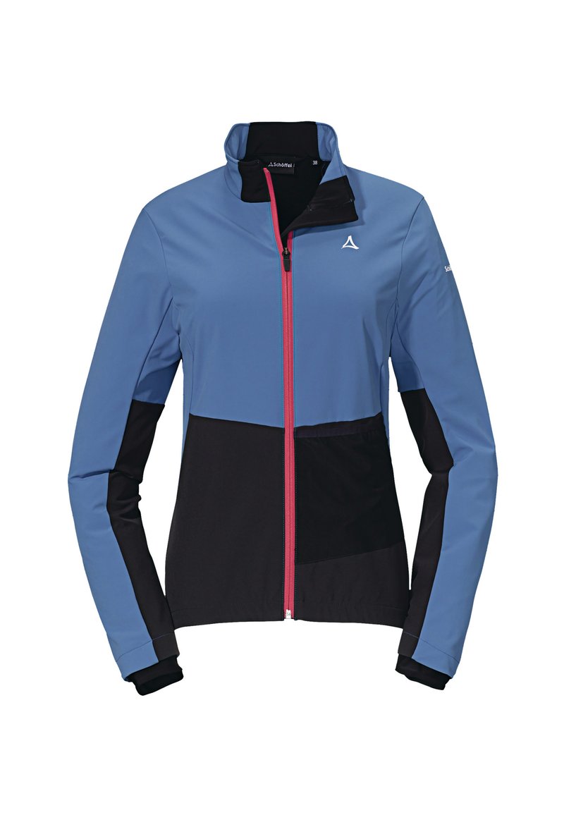 Chaqueta exterior azul y negra con cremallera frontal completa, acentos en rosa contrastante y mangas largas. Fabricada con un tejido ligero y suave.
