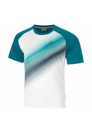Witte sportshirt met korte mouwen, tealkleurige mouwen en diagonale teal-naar-zwarte verloopstrepen over de borst.