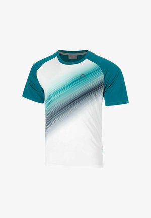 Camiseta deportiva blanca de manga corta con mangas en color azul verdoso y franjas diagonales en degradado desde azul verdoso hasta negro en el pecho.