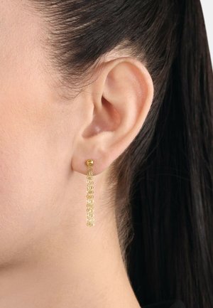 Goldfarbene Tropf Ohrringe mit einer kugelförmigen Fassung und einer hinabfallenden Kette aus verlinkten Kreisen, die ein zartes, strukturiertes Erscheinungsbild erzeugt.