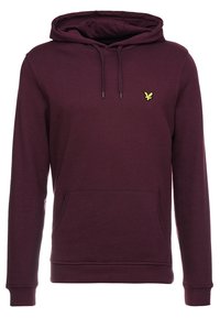 Sudadera burdeos hecha de una tela suave, con un bolsillo delantero, capucha ajustable con cordón y un pequeño logo amarillo en el pecho.