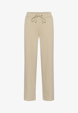 Beez värvi dressipüksid elastse vöökoha, reguleeritava paela, kahe esi-tasku ja vertikaalse õmbluse detailidega. Pehme kangas siledaga.