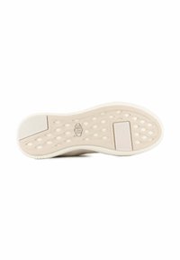 Suela de zapato de goma, color beige claro con una superficie texturizada, presenta un patrón de diamantes y una sección en caja para mayor agarre.