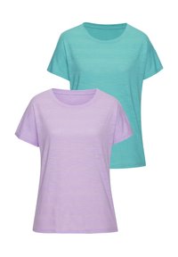 Zwei T-Shirts mit kurzen Ärmeln, eines in helllila und eines in türkis, aus einem weichen, strukturierten Stoff mit Rundhalsausschnitt.