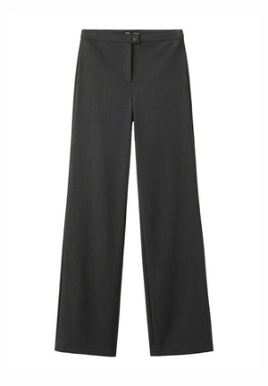 Pantalones negros de pierna ancha con cierre de botón y cremallera, fabricados con tela texturizada, mostrados planos sobre un fondo blanco.