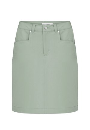 Jeansrock in Minzgrün mit tailliertem Design, zwei vorderen Taschen und einem Standardbund mit Knopfverschluss und Gürtelschlaufen.