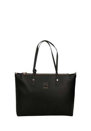 Borsa tote in pelle nera con doppi manici, chiusura con cerniera dorata e piccolo logo dorato al centro davanti.