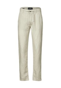 Pantalons en lin beige clair avec une coupe décontractée, taille à cordon, et jambes droites. Texture lisse, détails minimalistes, adaptés pour un usage décontracté.