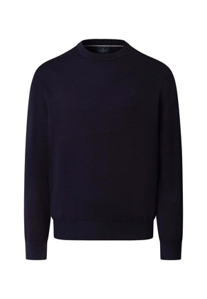 Donkerblauwe trui, ronde hals, lange mouwen, geribbelde manchetten en zoom, gemaakt van een glad gebreide stof, met een klein logodetail op de borst.