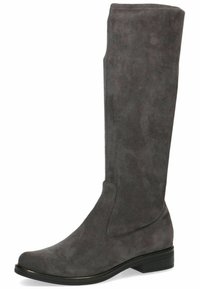 Bota de ante gris hasta la rodilla con punta redonda, costuras mínimas y un tacón bajo y apilado. Textura suave sin hardware o patrones visibles.