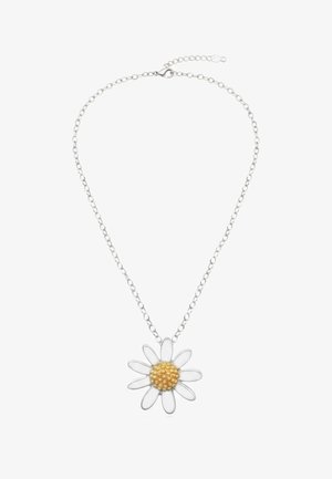 Silver chain necklace featuring a large daisy pendant with white petals and a textured gold center. Simple and floral design.