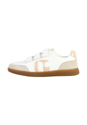 Weißer Sneaker mit Klettverschlüssen, rosa Akzenten und einer Gummisohle. Ausgestattet mit einem glatten Lederoberteil und einem runden Zehen-Design.