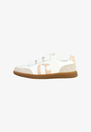 White sneaker with velcro straps, pink accents, and a gum sole. Features a smooth leather upper and a round toe design.