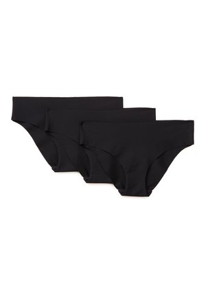 Drei nahtlose schwarze Bikini-Unterhosen nebeneinander auf weißem Hintergrund angeordnet.