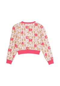Maglione lavorato a maglia con scollatura a girocollo. Presenta sfondo beige con lettere a blocchi di colore rosa e crema, e orlo e polsini a costine rosa.