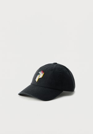 Black baseball cap with a curved brim and a multicolored geometric embroidered logo on the front left panel.