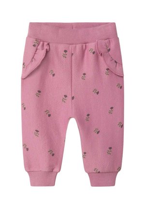 Pantaloni jogger in cotone rosa con motivo a foglie, vita elastica e due tasche laterali con bordi arricciati. Polsini alla caviglia.