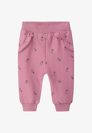 Pantaloni jogger in cotone rosa con motivo a foglie, vita elastica e due tasche laterali con bordi arricciati. Polsini alla caviglia.