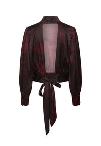 Blusa di satin bordeaux scuro con apertura sul retro, maniche lunghe e a palloncino, e chiusura in vita con fiocco. Presenta un delicato motivo floreale.