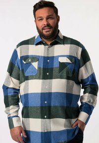 Camicia di flanella con un motivo a scacchi blu, verde e bianco, maniche lunghe, due tasche sul petto e colletto con bottoni.
