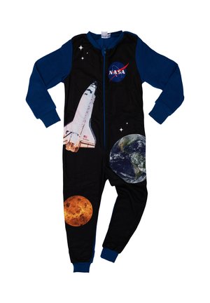 Children's one-piece pajama with blue sleeves, NASA logo, space shuttle, Earth, Mars, and stars printed on black fabric.