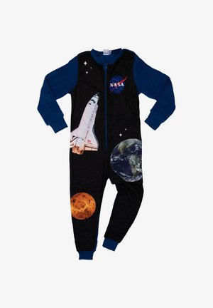 Children's one-piece pajama with blue sleeves, NASA logo, space shuttle, Earth, Mars, and stars printed on black fabric.