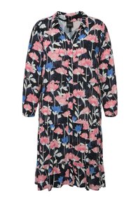 Flower power - mekko, jossa on musta tausta ja vaaleanpunaisia sekä sinisiä kukkia, kauluksellinen malli, pitkät hihat ja napitus edessä. Pehmeää kangasta, jossa frillia.