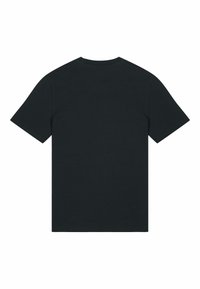 T-shirt en coton noir avec un col rond classique et des manches courtes. Simple, de couleur unie ; sans motifs ni accents visibles. Texture lisse.