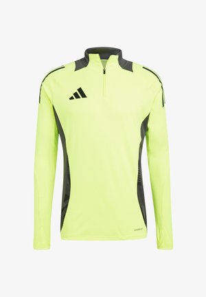 Langarm-Sportoberteil, leuchtendes Neon-Gelb mit schwarzen Akzenten, Halb-Reißverschluss am Hals, strukturierte Seitenpaneele, hergestellt aus feuchtigkeitsableitendem Material.