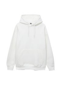 Effen witte hoodie met een voorzak en een trekkoord in de capuchon, getoond op een witte achtergrond.