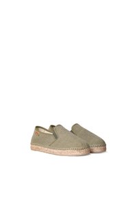Gröna tygslip-on skor med elastiska sidopaneler och en flätad jute-sula. Har en platt profil och rund tådesign.