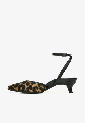 Leopard pattern slingback heels with a pointed toe, black leather strap, and a low kitten heel. Soft texture with a sleek design.
