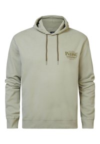 Felpa verde chiaro realizzata in tessuto morbido. Presenta una tasca frontale, cappuccio con cordini e un logo stampato sul petto di un verde più scuro.