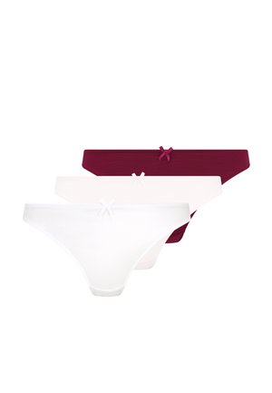Three pairs of women's thongs in white, light pink, and burgundy, featuring soft fabric and small bows at the waistline for detail.