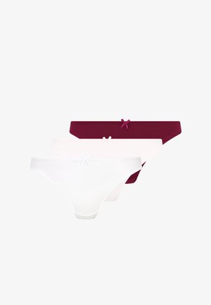 Three pairs of women's thongs in white, light pink, and burgundy, featuring soft fabric and small bows at the waistline for detail.