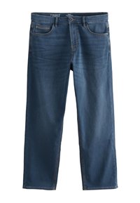 Jeans blu in denim a gamba dritta con tasche frontali e taschino portamonete, chiusura con bottoni e dettagli di cuciture visibili.
