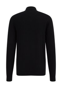 Black knitted pullover, long sleeves, with a textured pattern. Features a polo collar and ribbed cuffs and hem. Clean, simple design.