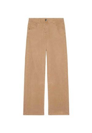 Beige Hosen mit weitem Bein, vorne Knopf und Reißverschluss, Gürtelschlaufen sowie Seiten- und Münztaschen, flach auf weißem Hintergrund liegend.