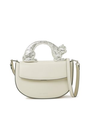 Cream leather crossbody bag with flap and a silver cat-shaped handle arching over the top, featuring an adjustable shoulder strap.