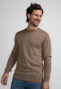 Lichtbruin gebreide trui met een ronde hals, lange mouwen, geribbelde manchetten en zoom. Zachte textuur met een subtiele glans, geen zichtbare patronen.