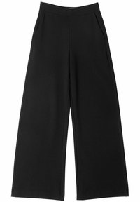 Zwarte wijde broek van zacht, glad materiaal. Heeft zijzakken en een hoge tailleband, wat een ontspannen silhouet creëert.
