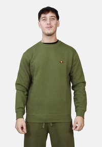 Felpa verde oliva realizzata in morbido cotone, con scollo rotondo e polsini a costine. Piccolo logo dettagliato sul petto.