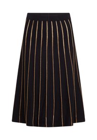 Black skirt with gold vertical stripes, made from a soft fabric. Features a fitted waistband and flared silhouette at knee length.