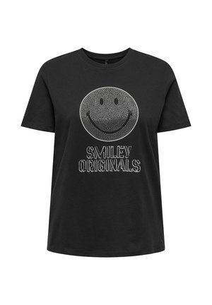 Czarna koszulka wykonana z bawełny, z okrągłym dekoltem. Na przodzie znajduje się grafika z uśmiechniętą buźką oraz napis "SMILEY ORIGINALS" w białym kolorze.