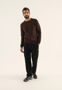 Brun sweatshirt med långa ärmar, rundad halsringning och ribbade manschetter, kombinerad med svarta cargobyxor och svarta sportskor. Enfärgad bakgrund.