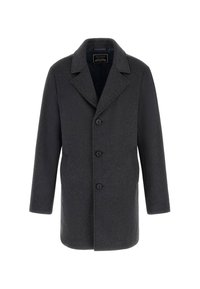 Cappotto in lana grigio scuro con colletto a revers, quattro bottoni e maniche lunghe. Il tessuto ha una finitura testurizzata.