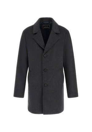 Ciemnoszara wełniana kurtka z kołnierzem z wycięciem, czterema guzikami i długimi rękawami. Tkanina ma teksturowane wykończenie.