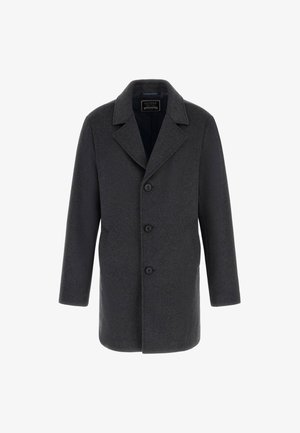 Ciemnoszara wełniana kurtka z kołnierzem z wycięciem, czterema guzikami i długimi rękawami. Tkanina ma teksturowane wykończenie.