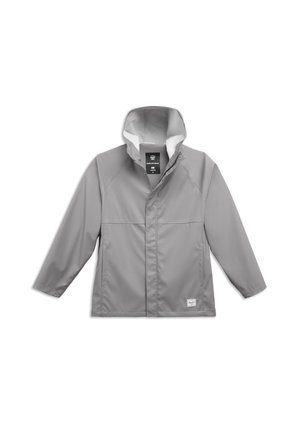 Gray waterproof hooded rain jacket with front snap buttons and two side pockets, laid flat on a white background.