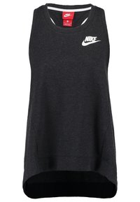 Nike tílko bez rukávů v tmavě šedé látce, s kulatým výstřihem, bočními řezy a bílým logem na hrudi. Hladká textura.